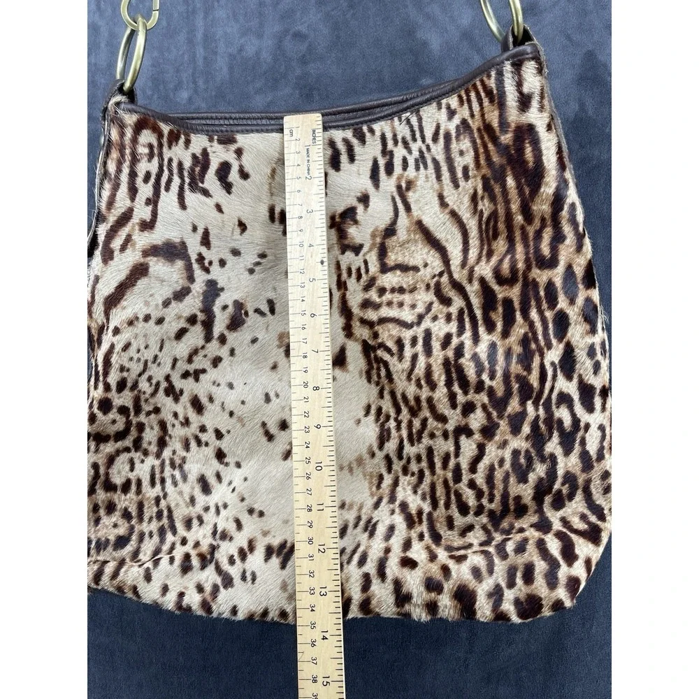 VTG Garnet Hill Italy Leather Calf Hair Leopard Print Hobo Bag Brown